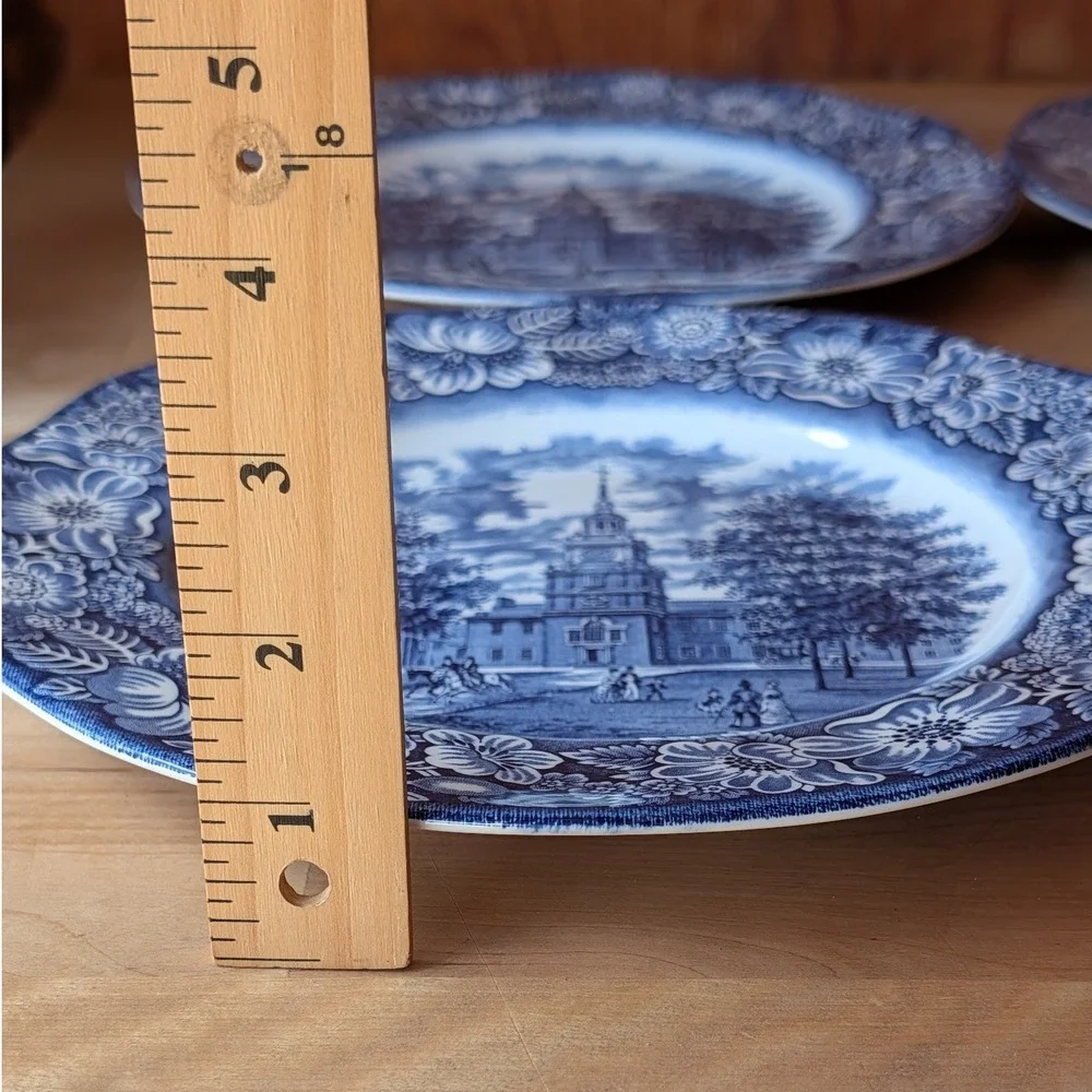 4 Liberty Blue Independence Hall Dinner Plates Staffordshire Ironstone 10